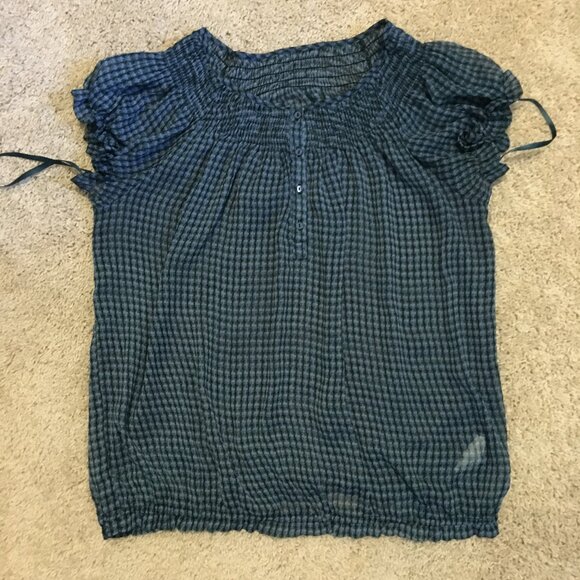 Checkered Chiffon Ruched Puff Sleeve Milkmaid Blouse - Picture 7 of 12